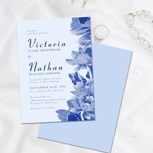 Modern Retro Dusty Blue Chinoiserie Floral Wedding Kaart