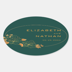 Modern Retro Emerald Green Gold Floral Wedding Ovale Sticker