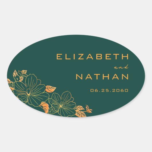 Modern Retro Emerald Green Gold Floral Wedding Ovale Sticker (Voorkant)
