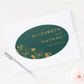 Modern Retro Emerald Green Gold Floral Wedding Ovale Sticker (Envelop)