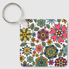 Modern Retro Floral Drawing Seamless Pattern Art Sleutelhanger