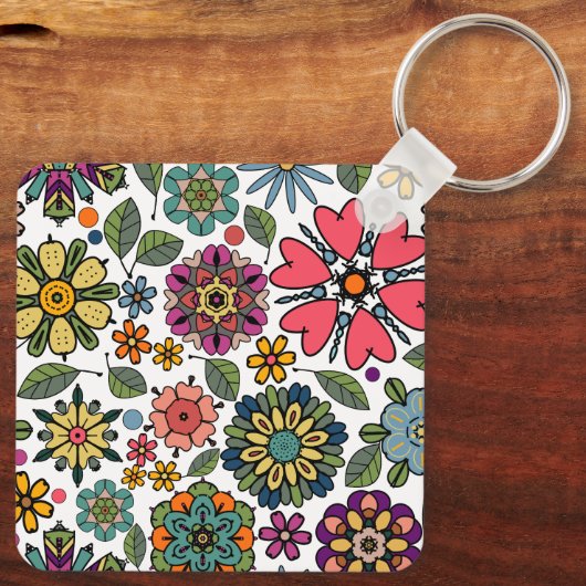 Modern Retro Floral Drawing Seamless Pattern Art Sleutelhanger (Achterkant)