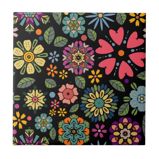 Modern Retro Floral Drawing Seamless Pattern Art Tegeltje (Voorkant)