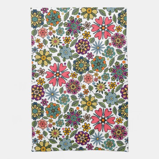 Modern Retro Floral Drawing Seamless Pattern Art Theedoek (Verticaal)