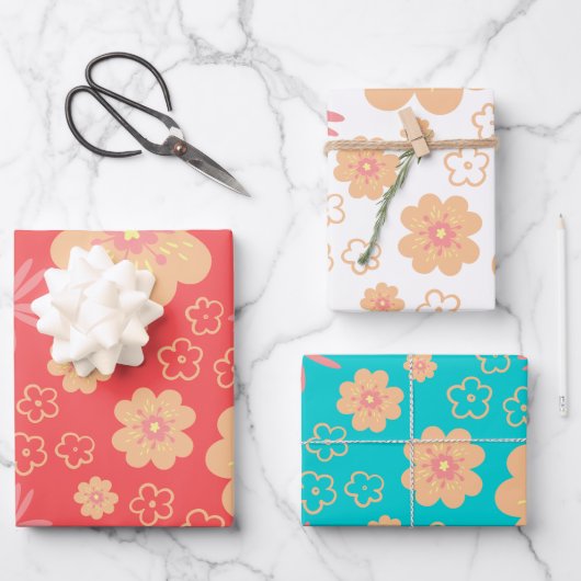 Modern Retro Flowers Patroon Inpakpapier Vel (Voorkant)