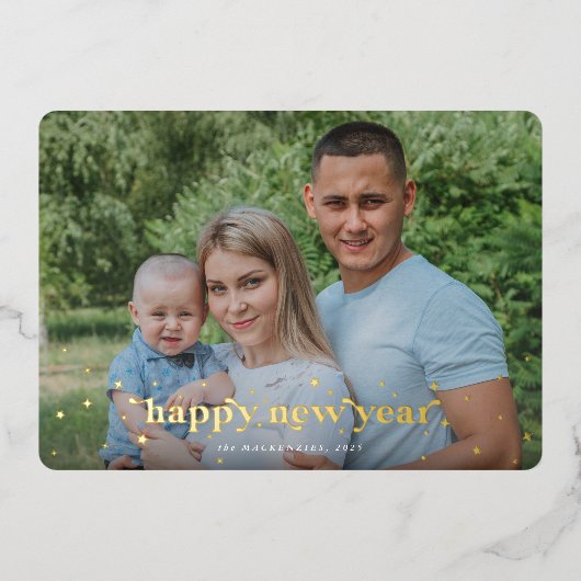 Modern Retro Font+Stars Happy Nieuwjaar Foto Folie Feestdagenkaart (Voorkant)