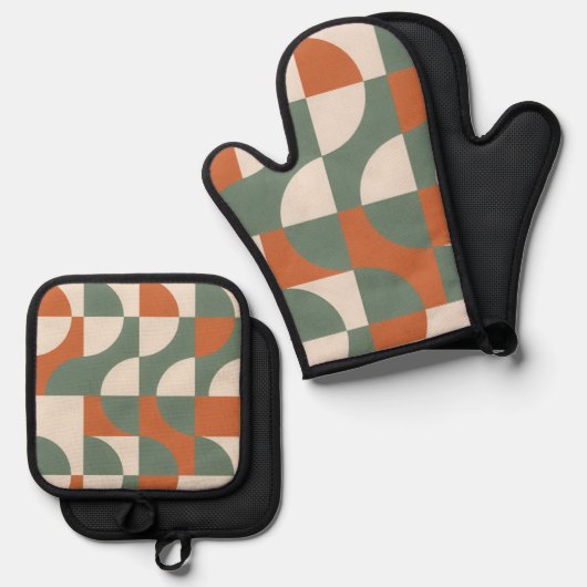 Modern Retro Geometric Oven Mitt & Pot Holder Set (Voorkant / Achterkant)