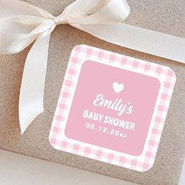 Modern Retro Girly Pink Gingham Meisje Baby shower Vierkante Sticker