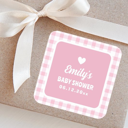 Modern Retro Girly Pink Gingham Meisje Baby shower Vierkante Sticker
