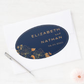 Modern Retro Gold Floral Navy Blue Wedding Ovale Sticker (Envelop)