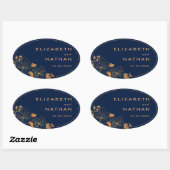 Modern Retro Gold Floral Navy Blue Wedding Ovale Sticker (Vel)