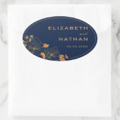 Modern Retro Gold Floral Navy Blue Wedding Ovale Sticker (Tas)