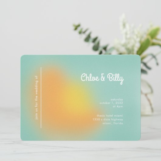 Modern Retro Gradiënt Mint Oranje Fotobruiloft Kaart (Staand voorkant)