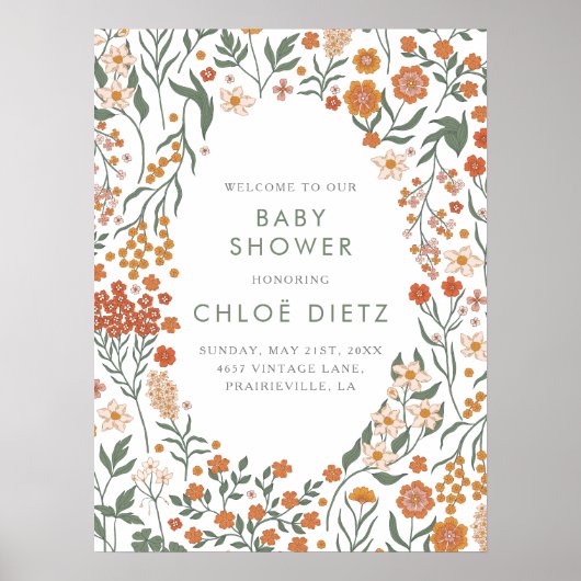 Modern Retro Groovy Floral Baby shower Poster (Voorkant)