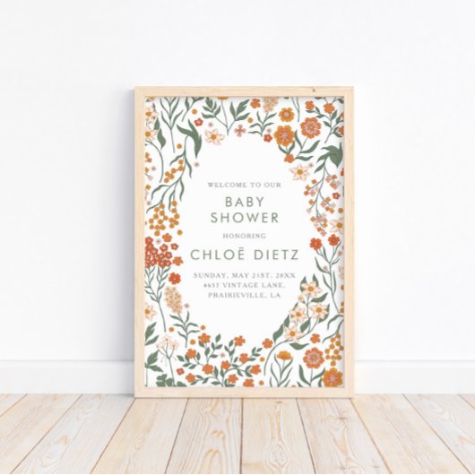 Modern Retro Groovy Floral Baby shower Poster