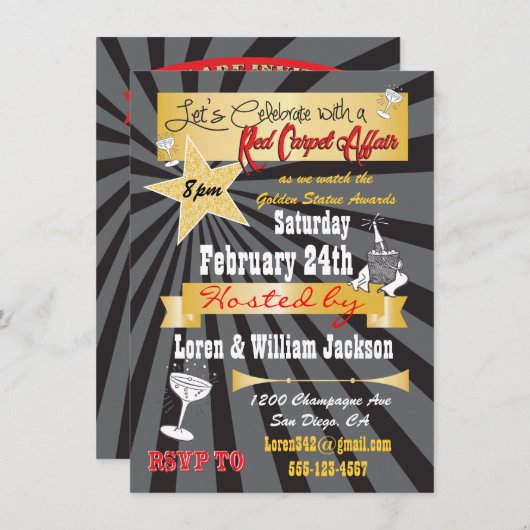 Modern retro Hollywood Red Carpet Party Invitation Kaart (Voorkant / Achterkant)