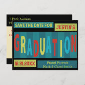 Modern retro kleurrijk Afstuderen Save the date Aankondigingskaart (Voorkant / Achterkant)
