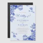 Modern Retro Light Blue Chinoiserie Floral Wedding Magnetische Uitnodiging (Voorkant / Achterkant)