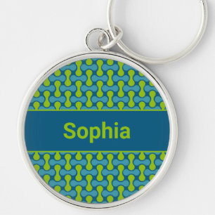 Modern Retro Link Patroon in Blauw en Groen Sleutelhanger