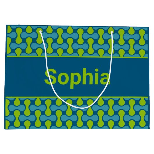 Modern Retro Link Pattern in Blue and Green Groot Cadeauzakje (Achterkant)