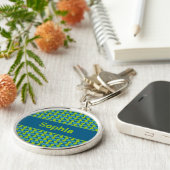 Modern Retro Link Pattern in Blue and Green Sleutelhanger (Zijkant)