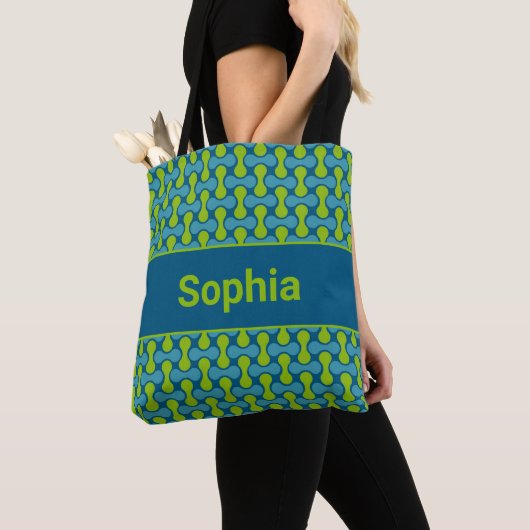 Modern Retro Link Pattern in Blue and Green Tote Bag (Dichtbij)