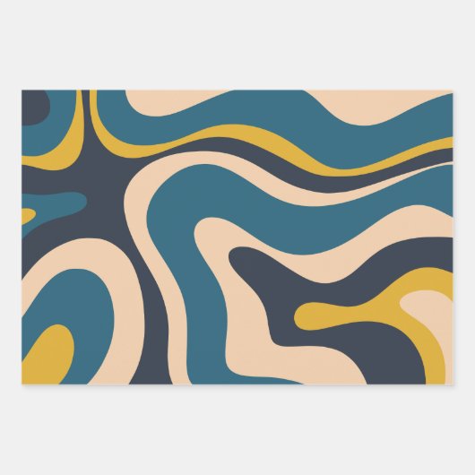 Modern Retro Liquid Swirl Abstract Patroon Blauw Inpakpapier Vel (Voorkant 3)