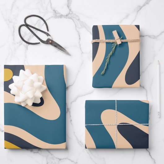 Modern Retro Liquid Swirl Abstract Patroon Blauw Inpakpapier Vel (Voorkant)