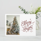 Modern Retro Merry en Bright Family Photo Script Feestdagenkaart (Staand voorkant)