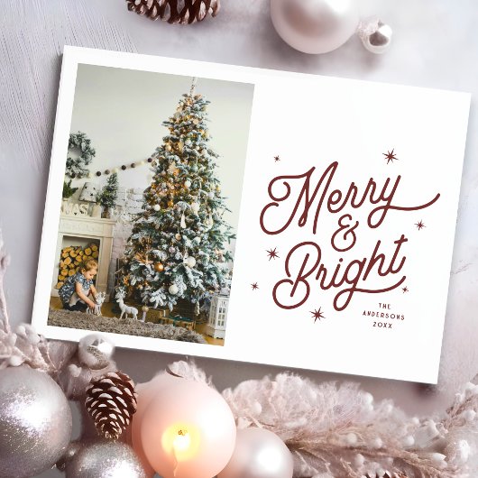 Modern Retro Merry en Bright Family Photo Script Feestdagenkaart
