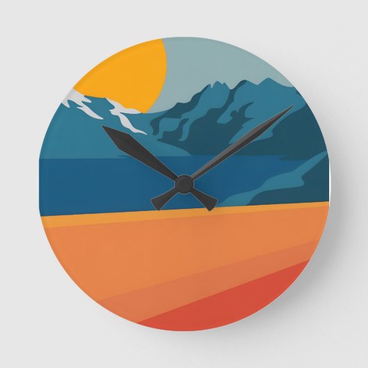 Modern Retro Mountain-landschap - levendig rood en Ronde Klok (Voorkant)