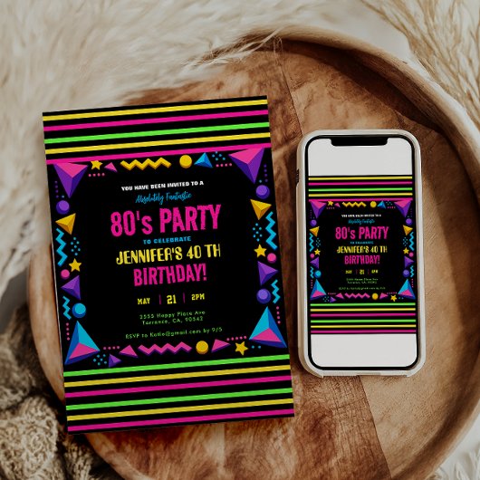 Modern Retro Neon 80's Birthday Party Kaart