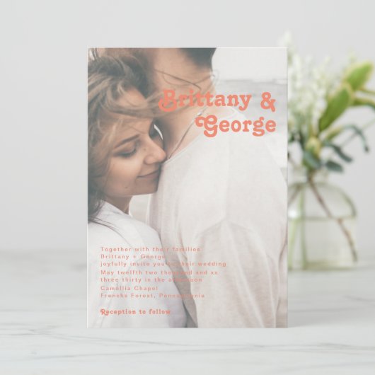 Modern Retro | Oranje Cream Faded-fotoweddenschap Kaart (Staand voorkant)
