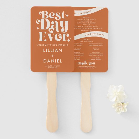 Modern Retro Oranje Trouwprogramma Handwaaier (Voorkant en achterkant)