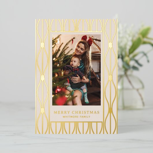 Modern Retro Ornament Pattern Photo Christmas Folie Feestdagenkaart (Staand Voorkant)