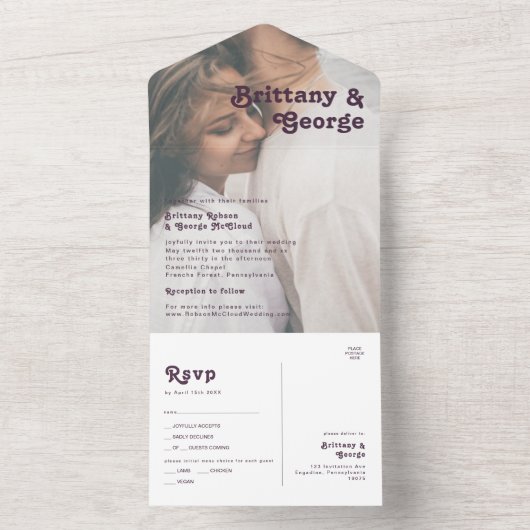 Modern Retro | Paars Faded-fotozegel en verzenden All In One Uitnodiging (Binnen)