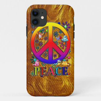 Modern Retro Peace Sign Text Birds & Flowers iPhone 11 Hoesje