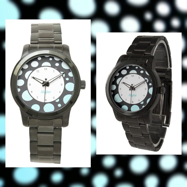 Modern Retro Polka-stippen Blue White en Black Horloge (Creator heeft geüpload)