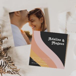 Modern Retro Rainbow Dark Square Photo Wedding Kaart