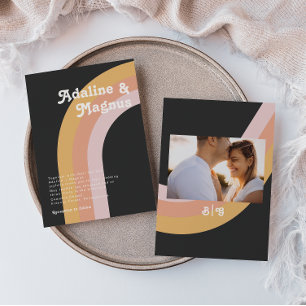 Modern Retro Rainbow Monogram Foto donker huwelijk Kaart
