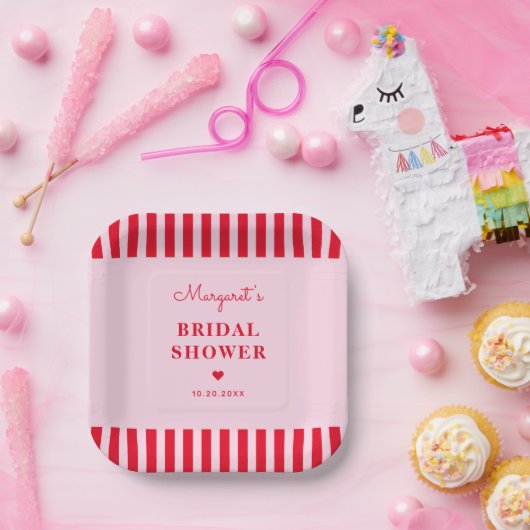 Modern Retro Roze & Rode Strepen Vrijgezellenfeest Papieren Bordje (Feest)