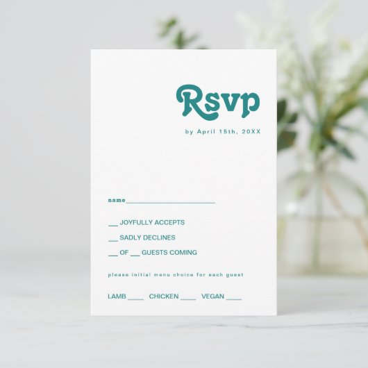 Modern Retro | RSVP-kaart voor Blauwgroen menukeuz RSVP Kaartje (Staand voorkant)