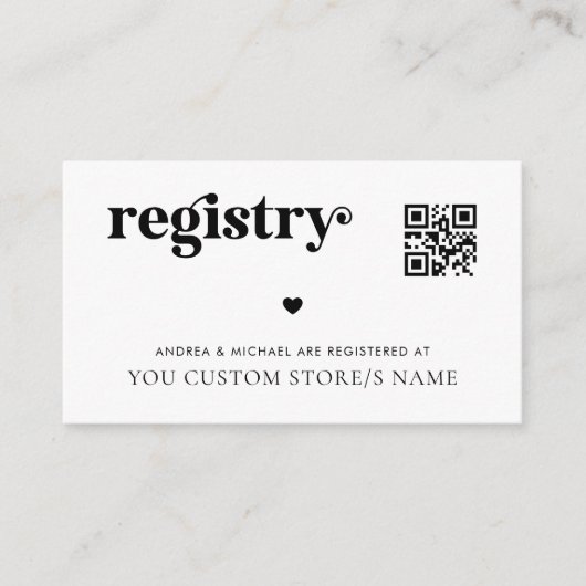 Modern Retro Script Heart QR Code Gift Registry Informatiekaartje (Voorkant)