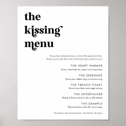 Modern Retro Script Het zoenende Menu Trouwbord Poster (Voorkant)