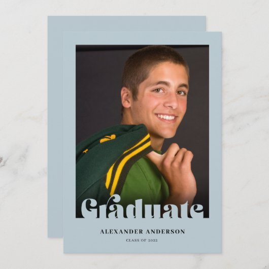 Modern Retro Text Blue Afstuderen Kaart (Voorkant / Achterkant)