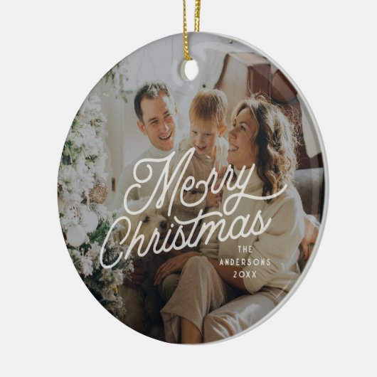 Modern Retro Vrolijk Kerstfeest Foto vet script Keramisch Ornament (Links)