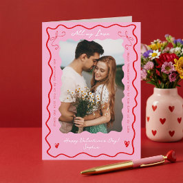 Modern Retro Wavy Pink Red Couple Photo Valentines Feestdagen Kaart