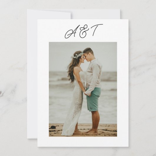 Modern retro whimsical script photo wedding kaart (Achterkant)
