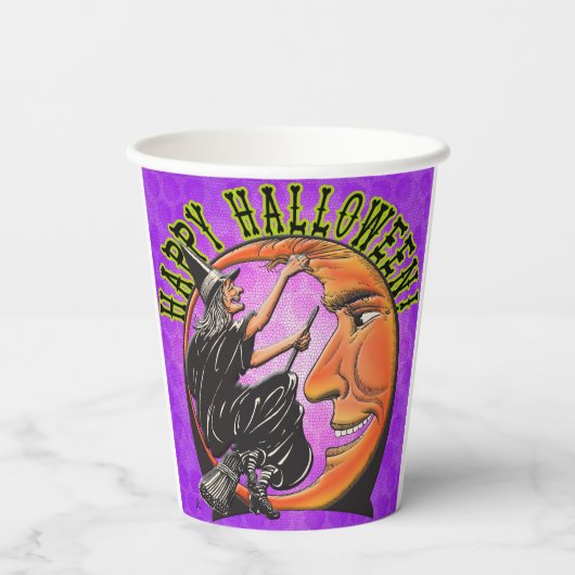 Modern Retro Witch en Moon on Violet Polka Dots Papieren Bekers (Achterkant)