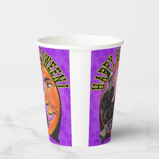 Modern Retro Witch en Moon on Violet Polka Dots Papieren Bekers (Rechts)